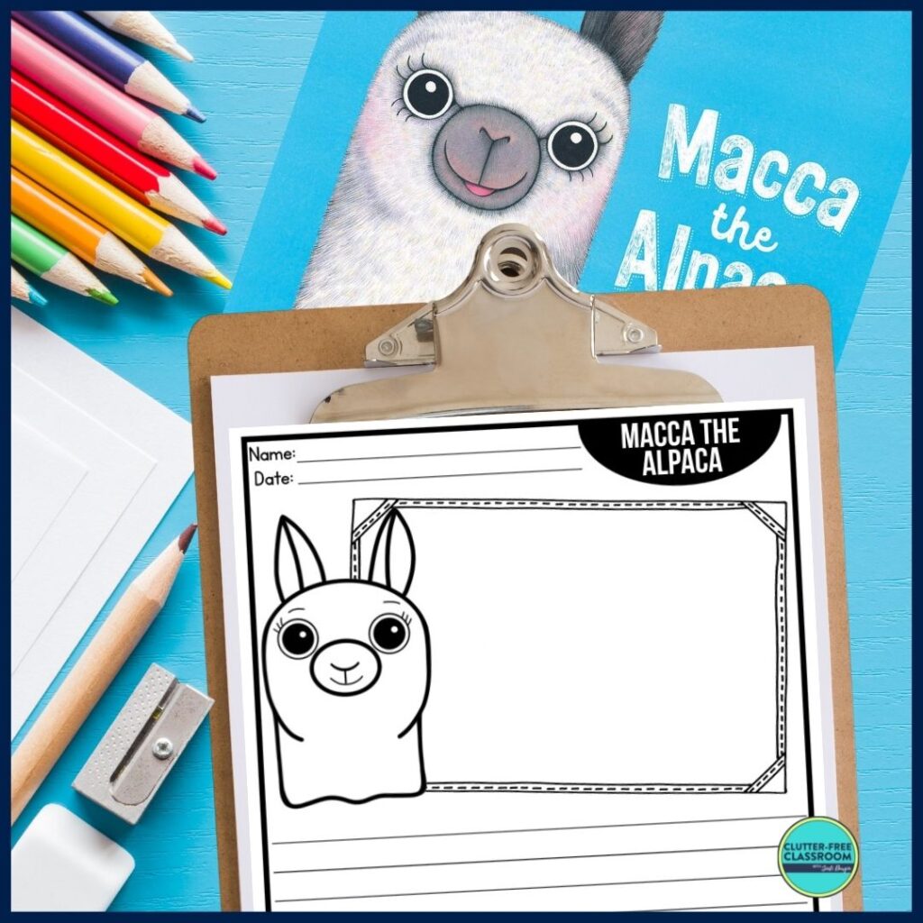 Macca the Alpaca book cover and writing paper