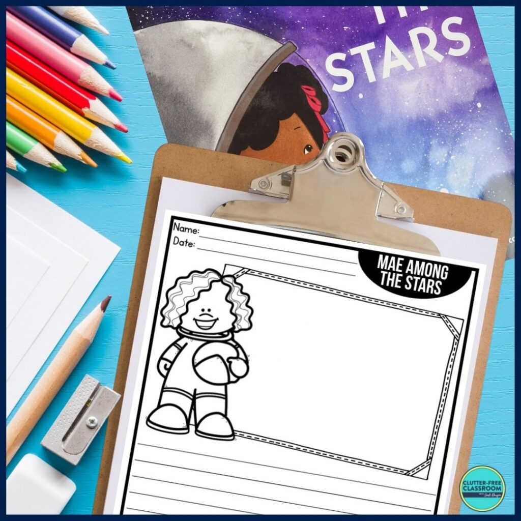 Mae Among the Stars book cover and writing paper