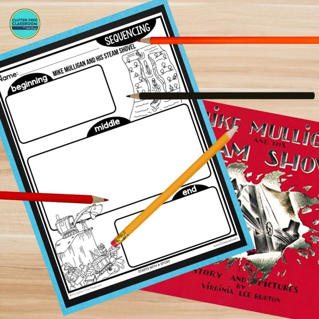 Mike Mulligan and his Steam Shovel book cover and sequencing worksheet