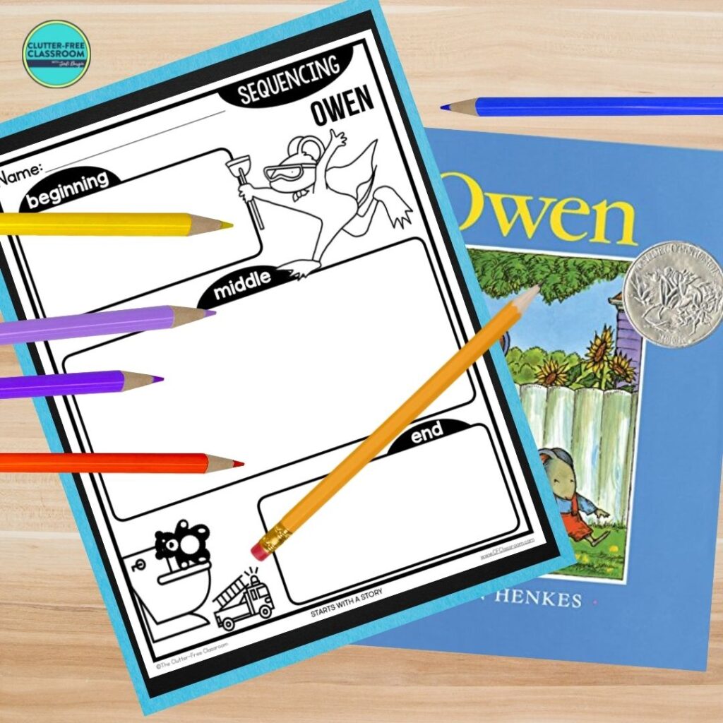 Owen book cover and sequencing worksheet