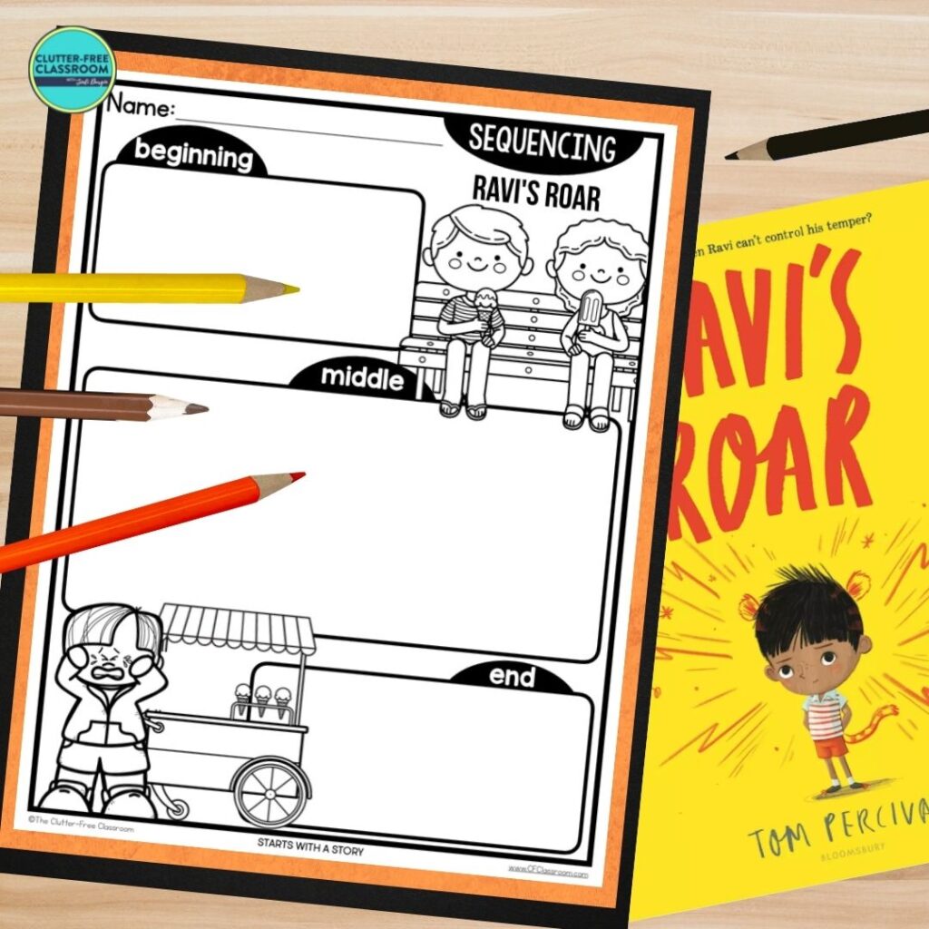 Ravi's Roar book cover and sequencing worksheet