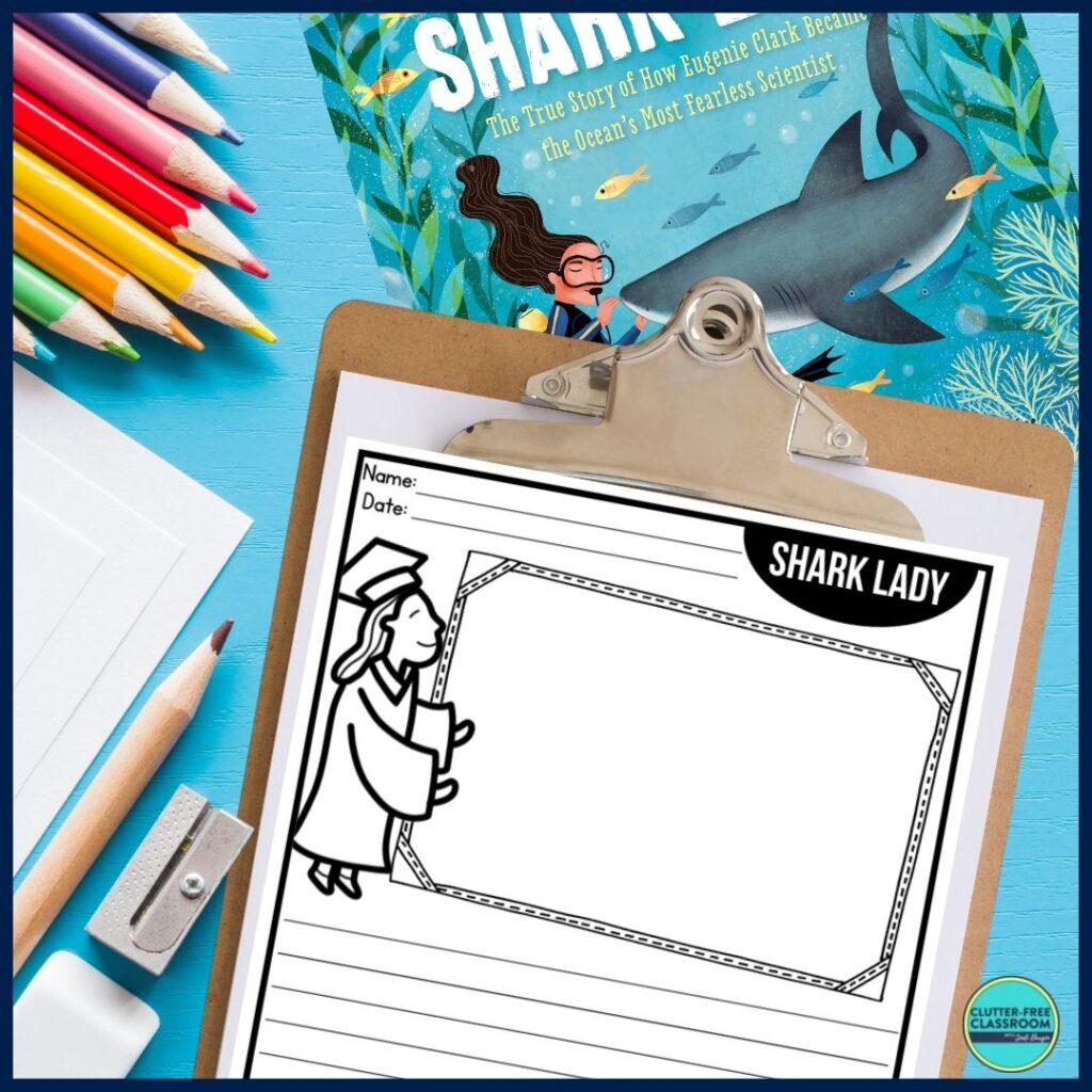 Shark Lady book cover and writing paper