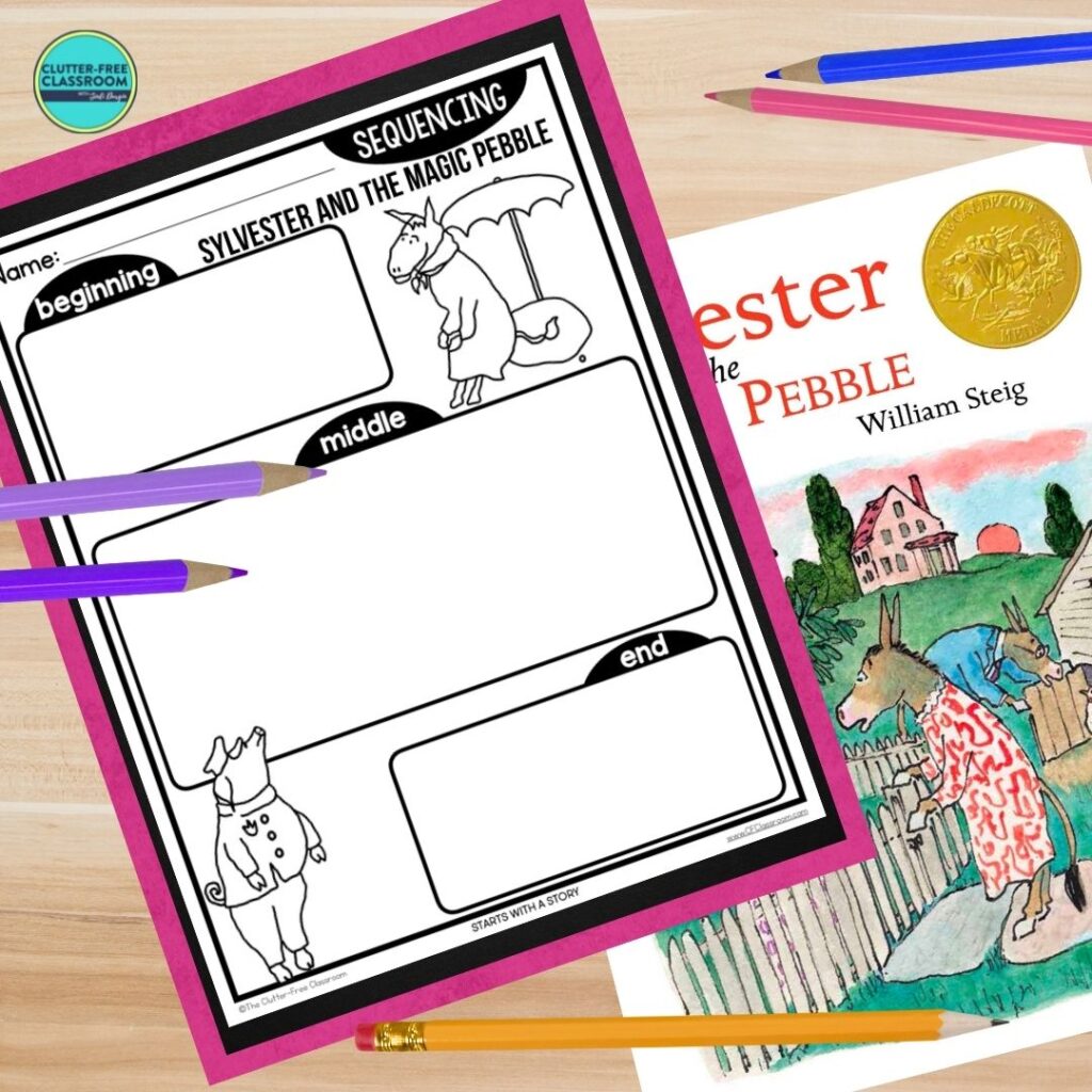 Sylvester and the Magic Pebble book cover and sequencing worksheet