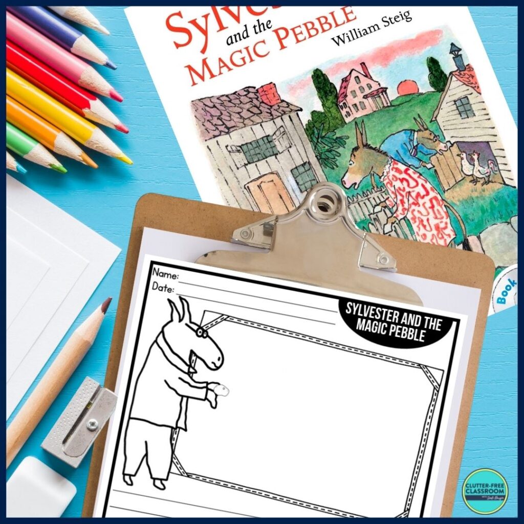 Sylvester and the Magic Pebble book cover and writing paper