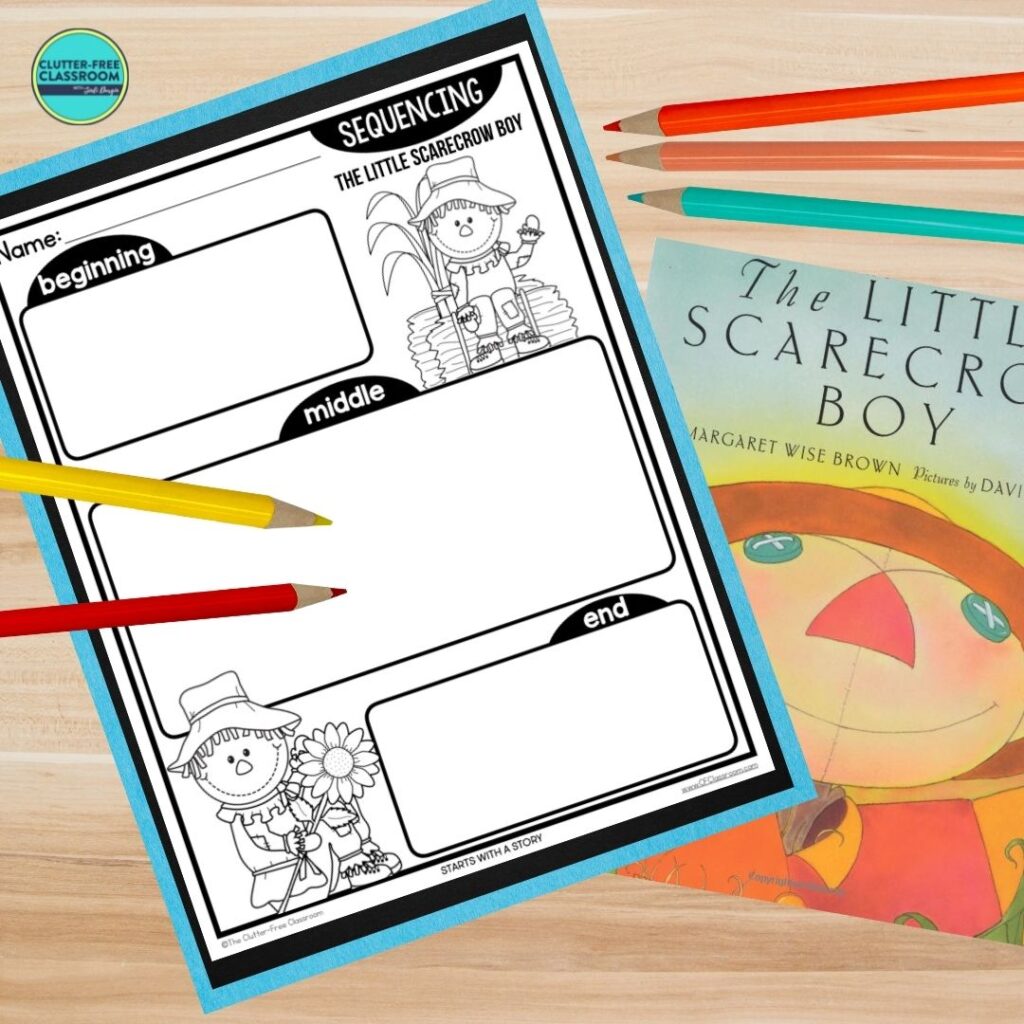 The Little Scarecrow Boy book cover and sequencing worksheet