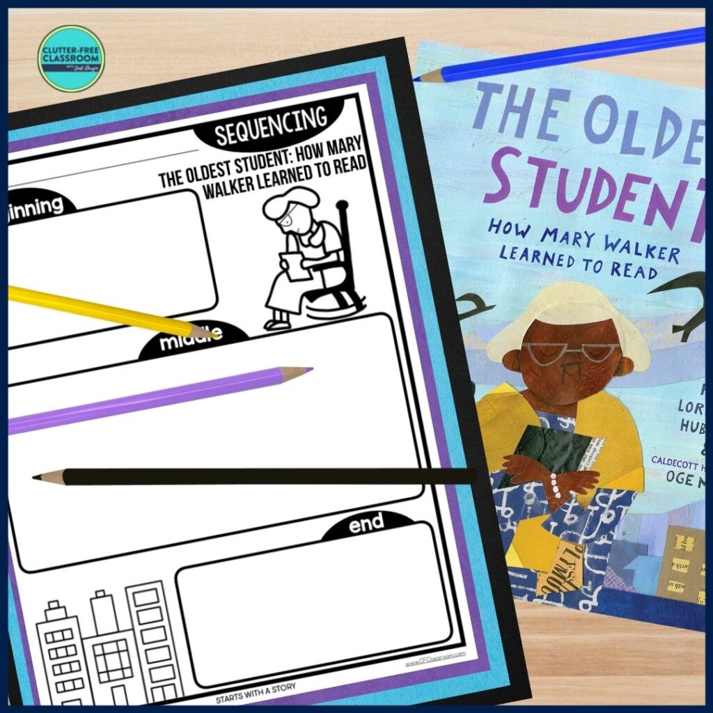 The Oldest Student book cover and sequencing worksheet