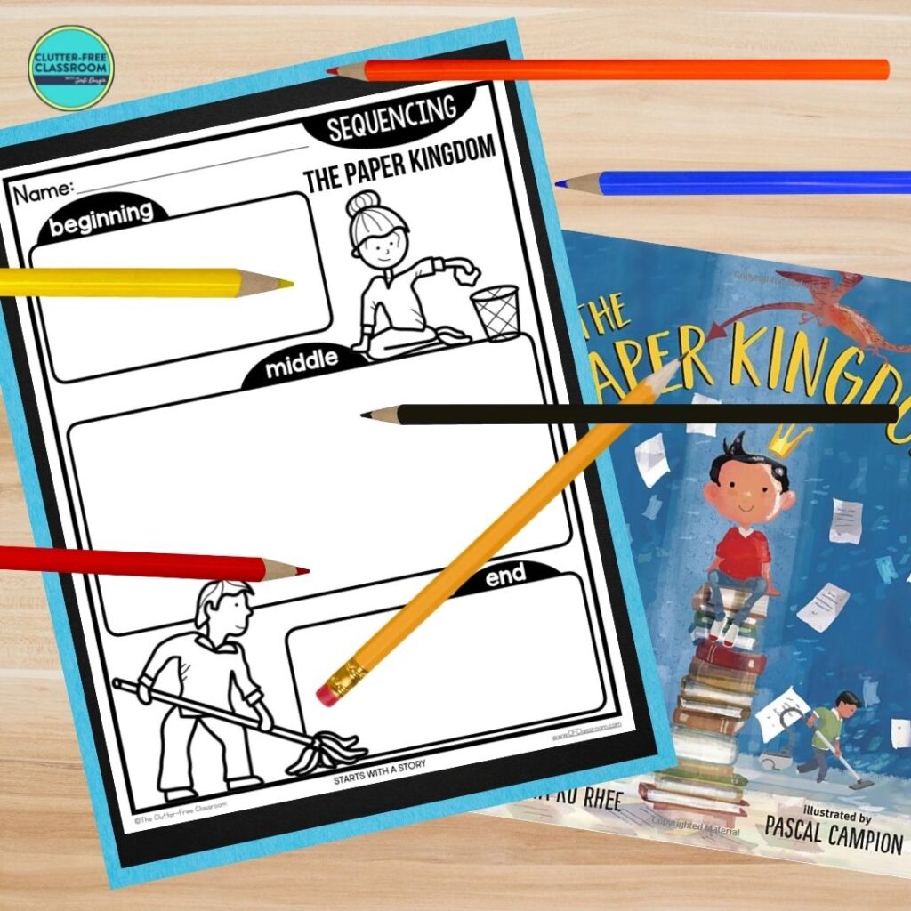 The Paper Kingdom book cover and sequencing worksheet