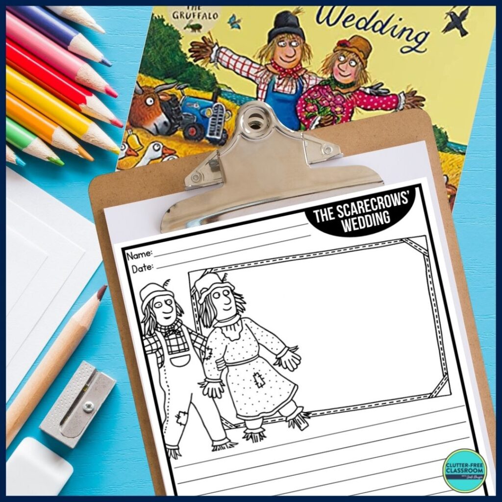 The Scarecrows' Wedding book cover and writing paper