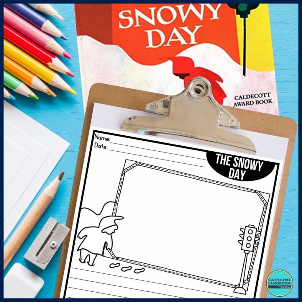 The Snowy Day book cover and writing paper