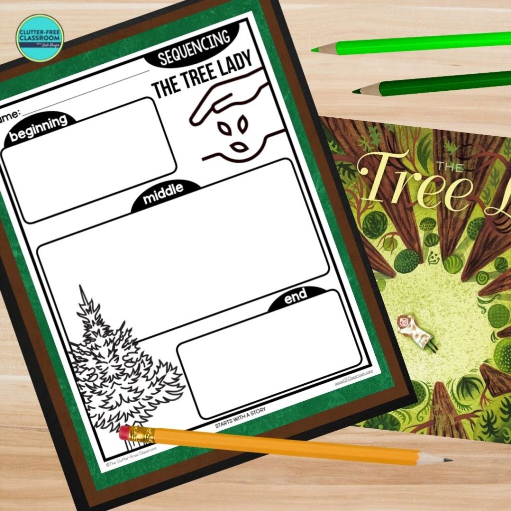 The Tree Lady book cover and sequencing worksheet
