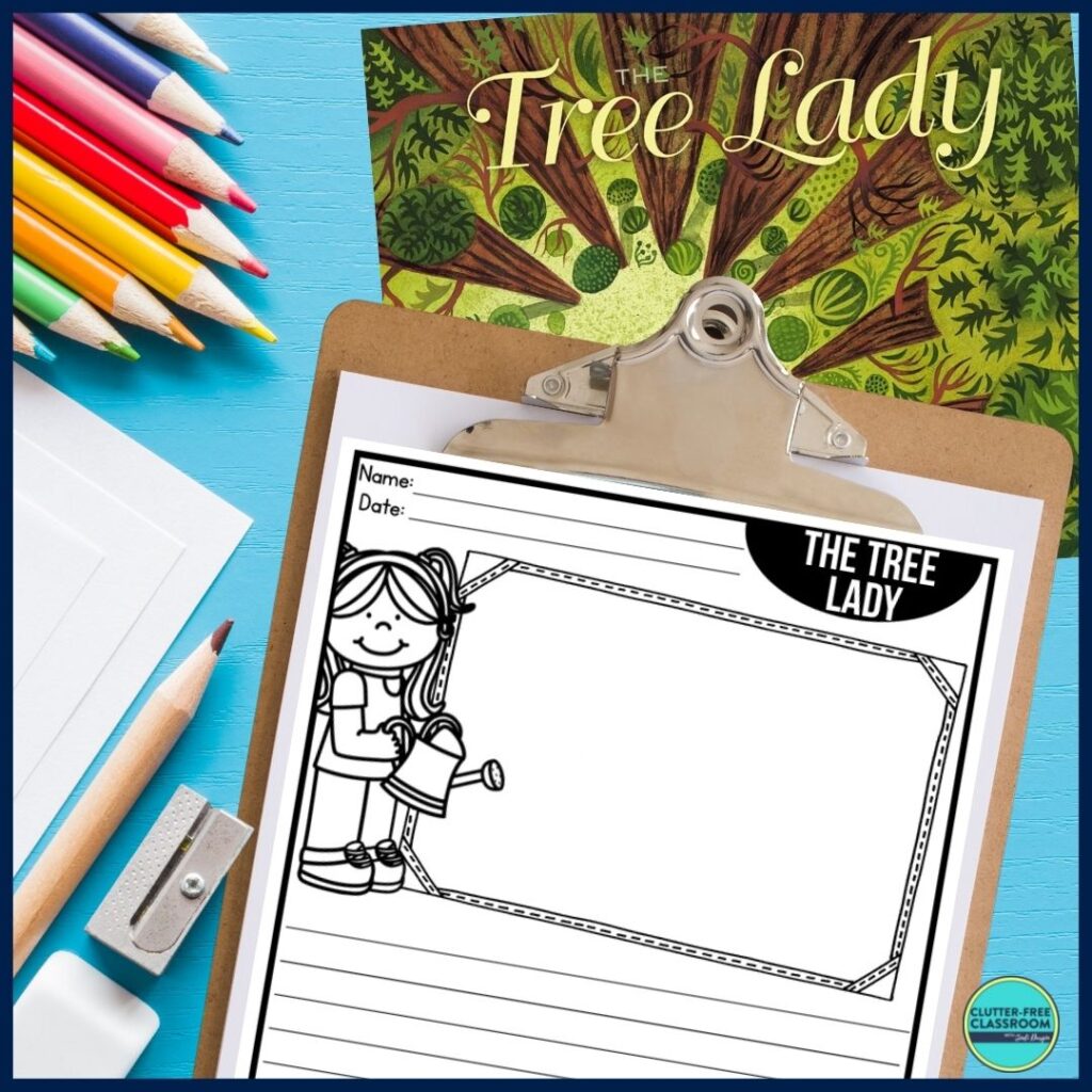 The Tree Lady book cover and writing paper