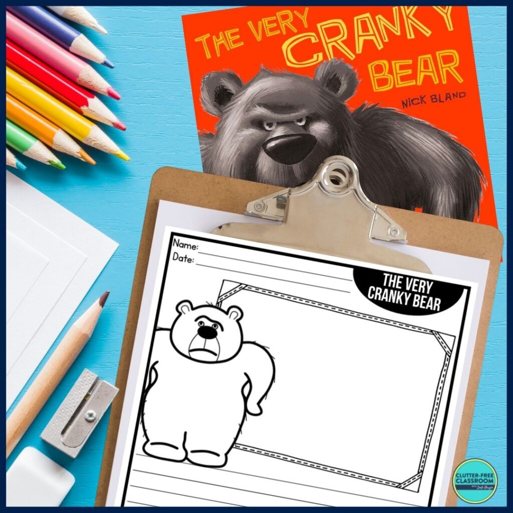 The Very Cranky Bear book cover and writing paper