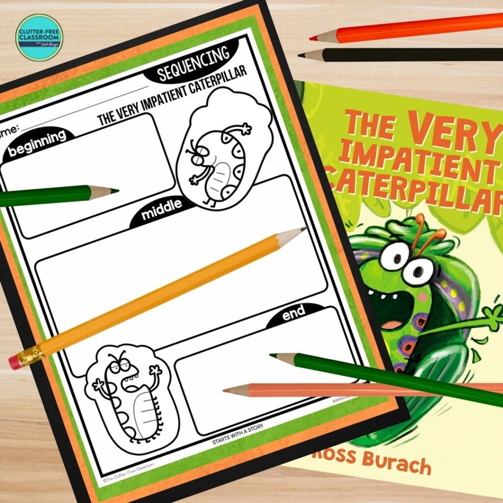 The Very Impatient Caterpillar book cover and sequencing worksheet
