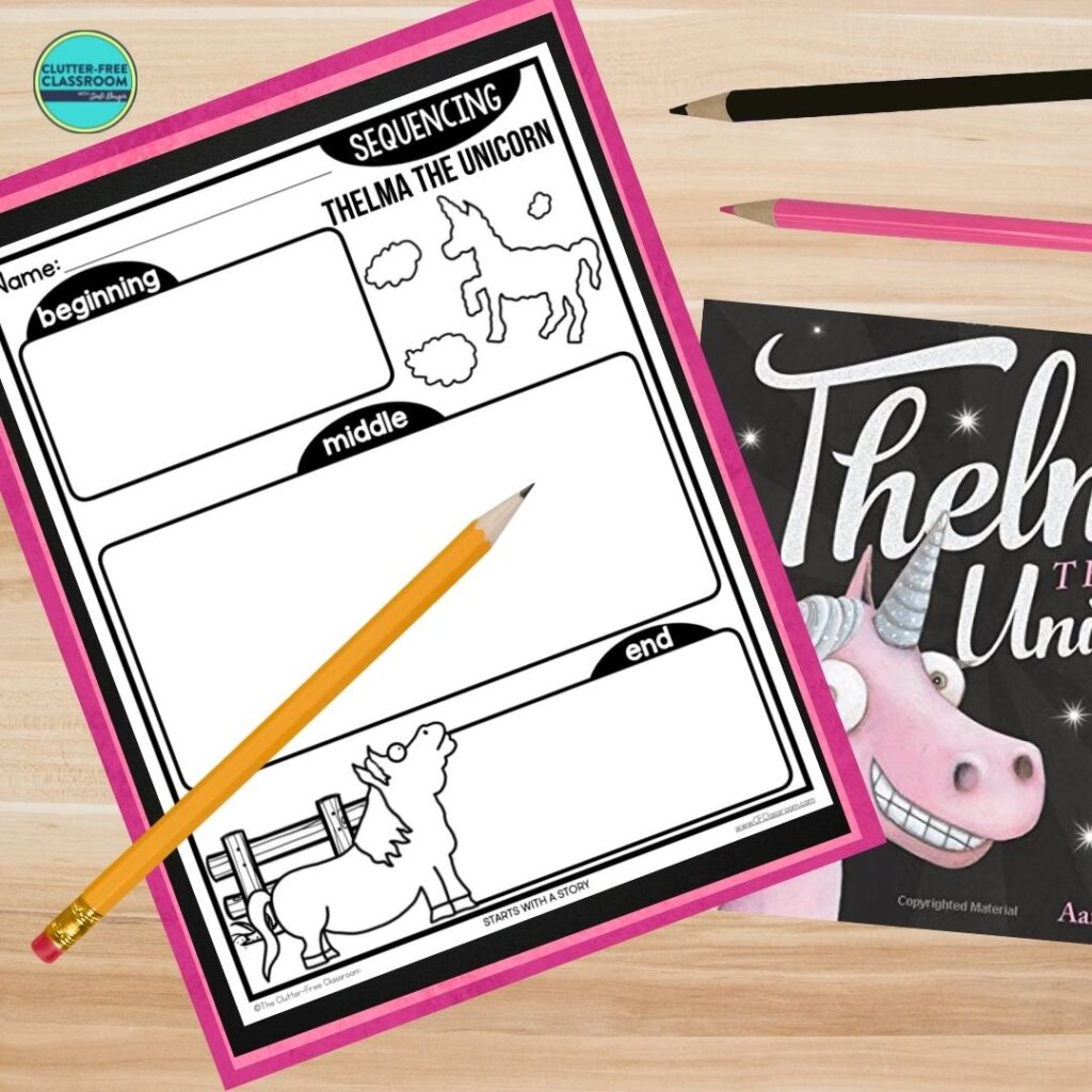 Thelma the Unicorn book cover and sequencing worksheet