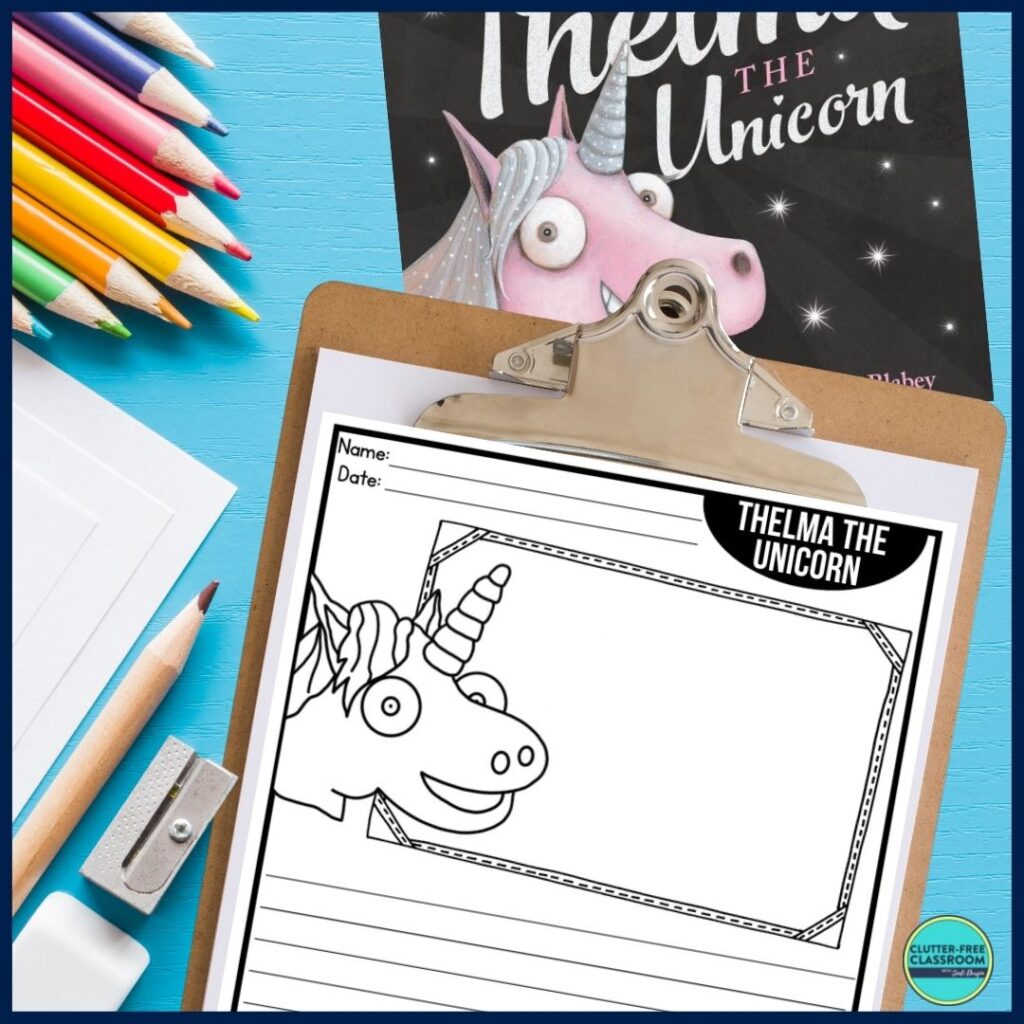 Thelma the Unicorn book cover and writing paper