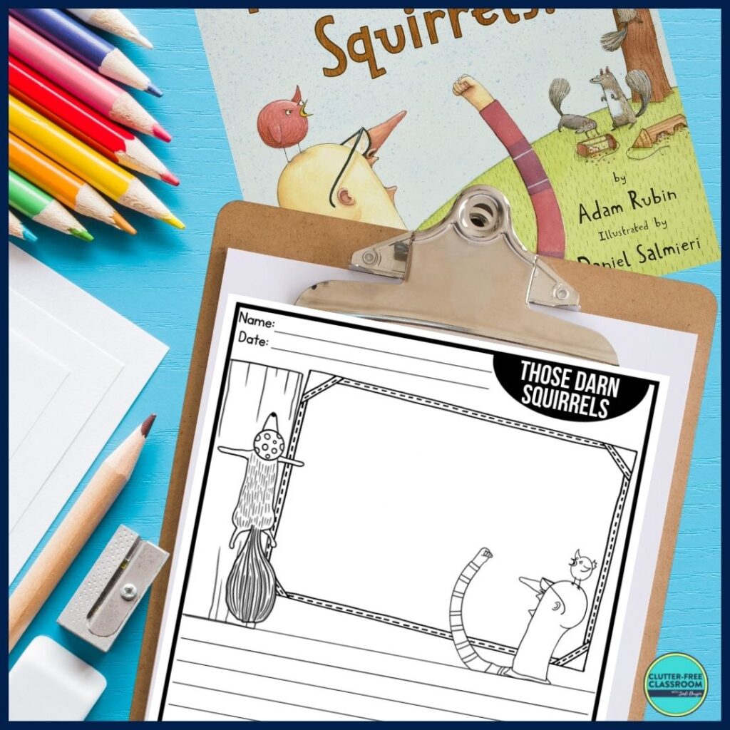 Those Darn Squirrels! book cover and writing paper