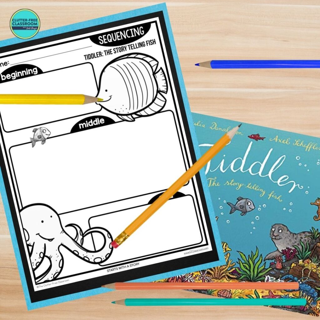 Tiddler: The Story Telling Fish book cover and sequencing worksheet
