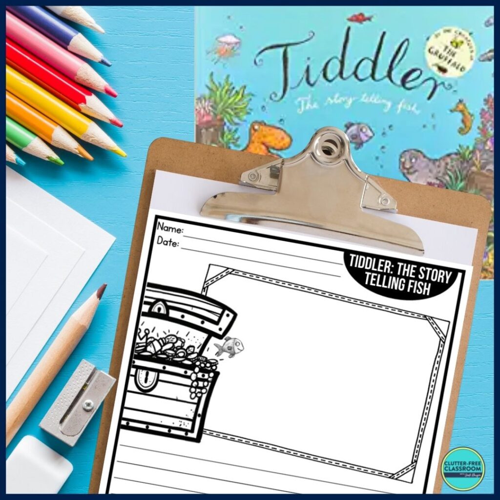 Tiddler: The Story Telling Fish book cover and writing paper