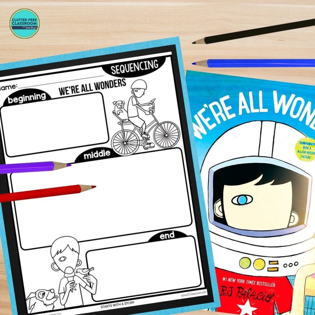 We're All Wonders book cover and sequencing worksheet