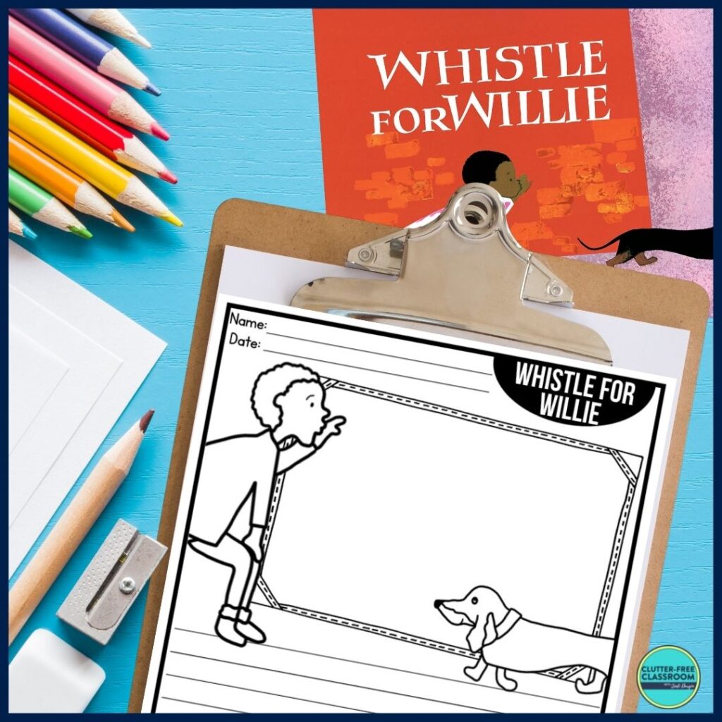 Whistle for Willie book cover and writing paper