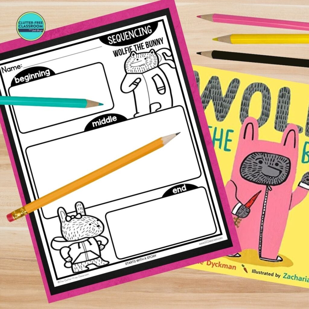 Wolfie the Bunny book cover and sequencing worksheet