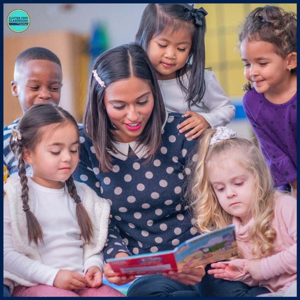 teacher reading aloud a picture book to her students