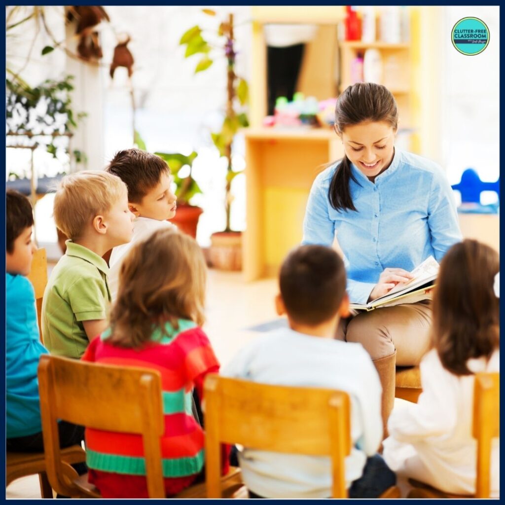 elementary teacher reading aloud a picture book to her students