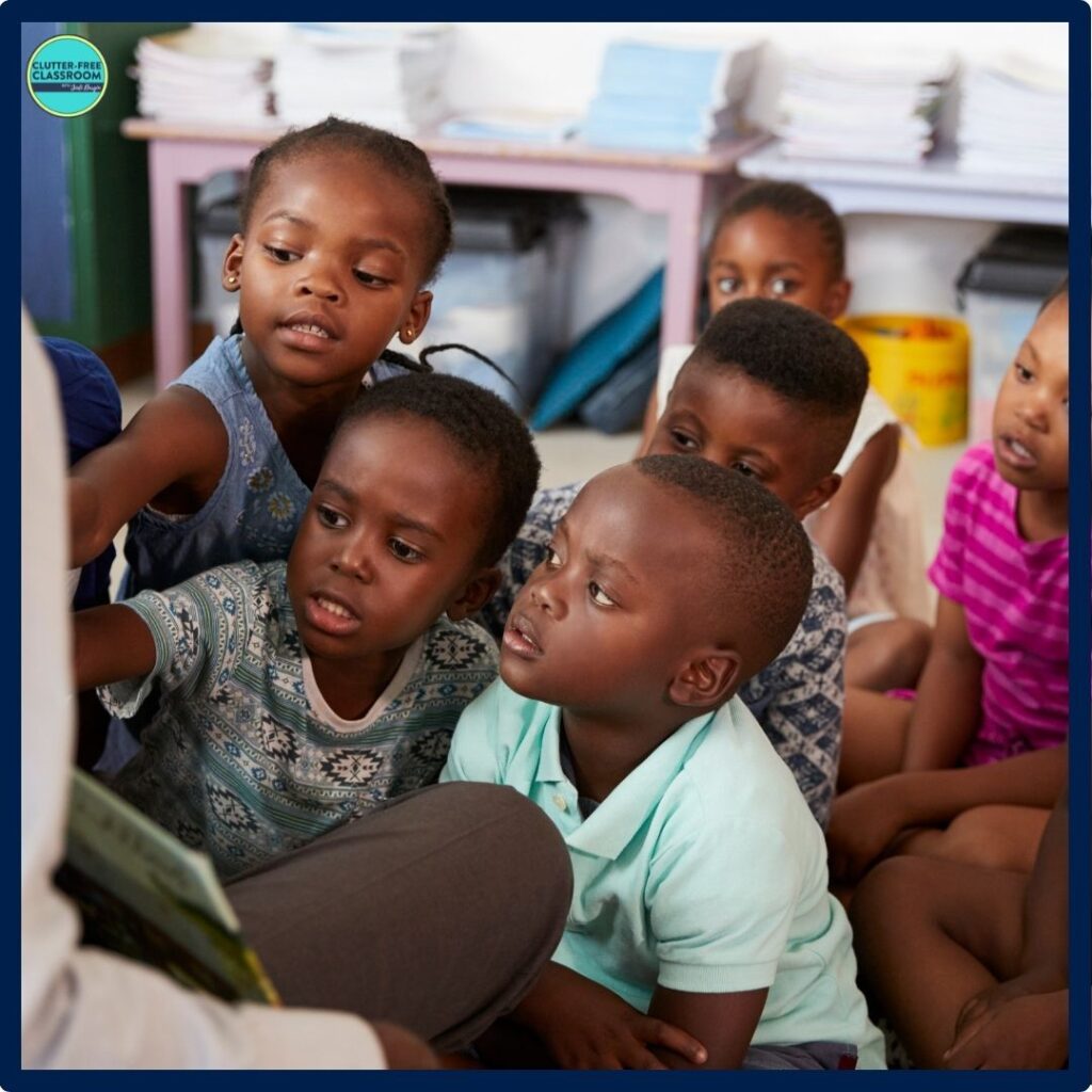 elementary students listening to an interactive read aloud