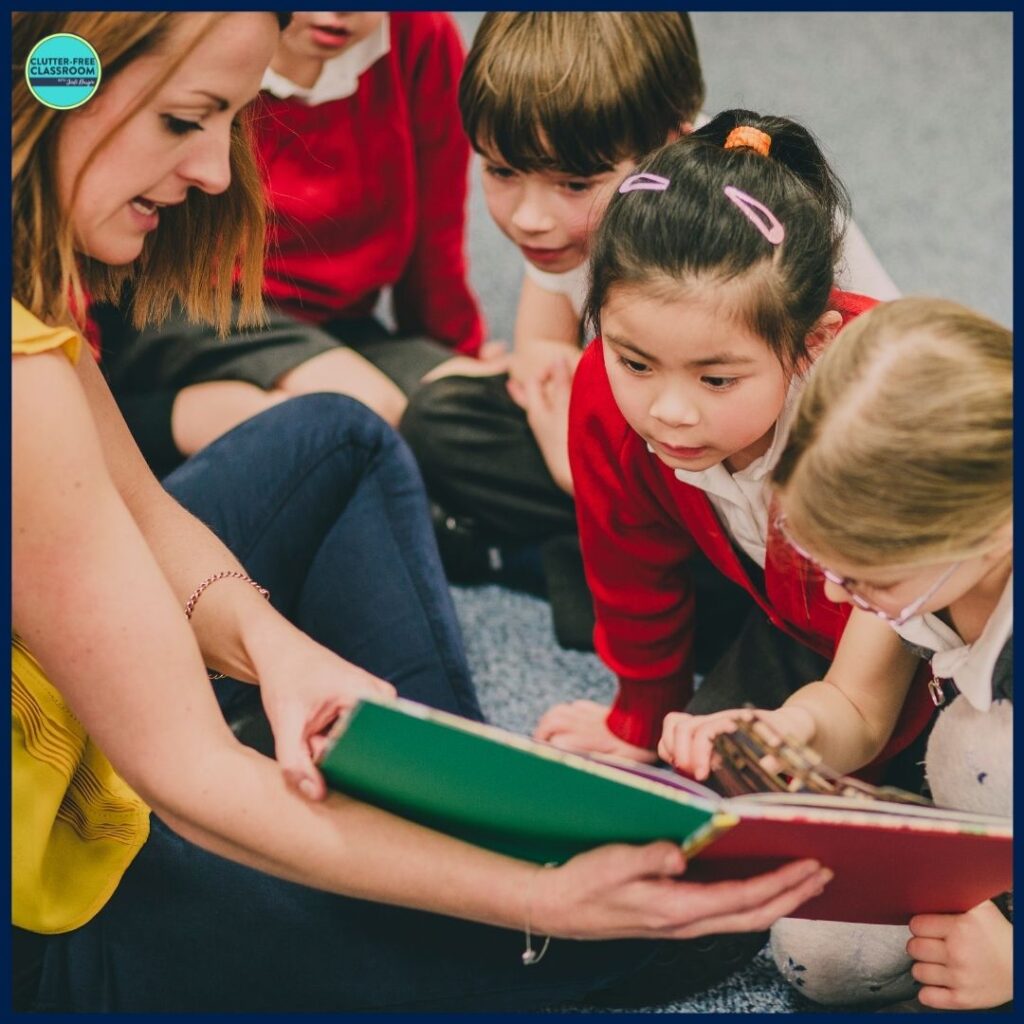 elementary teacher reading aloud a picture book to her students