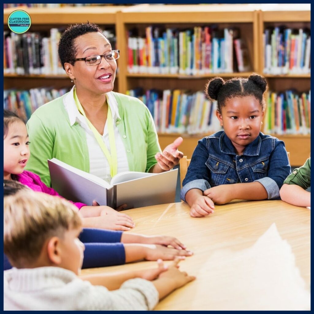 elementary teacher asking her students a question about the picture book she is reading