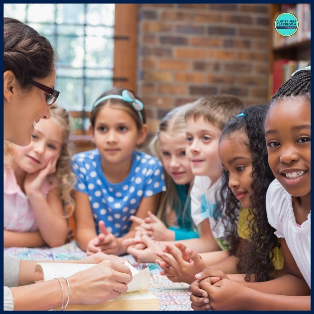 teacher and her students talking about a picture book