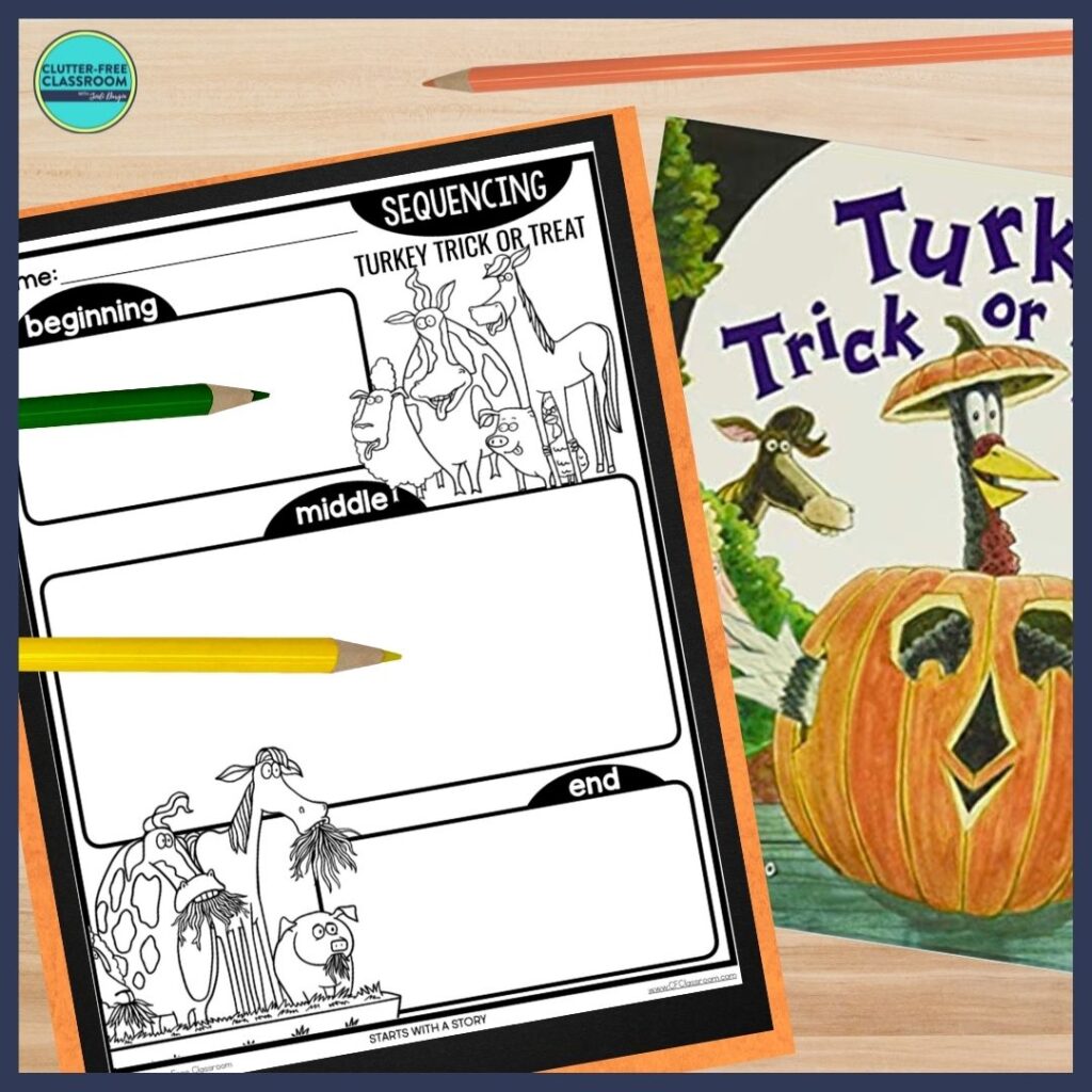 Turkey Trick or Treat book cover and sequencing activity
