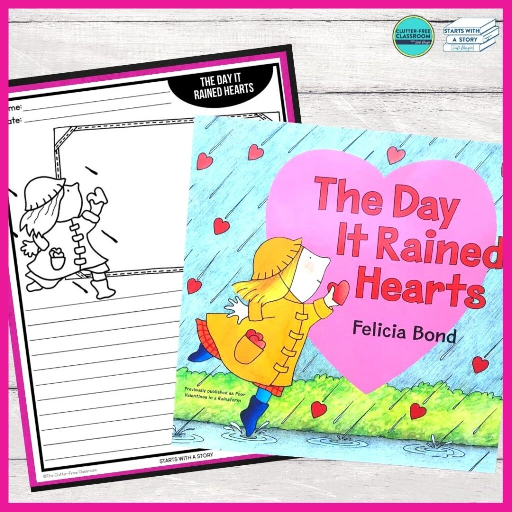 The Day It Rained Hearts book cover and writing paper