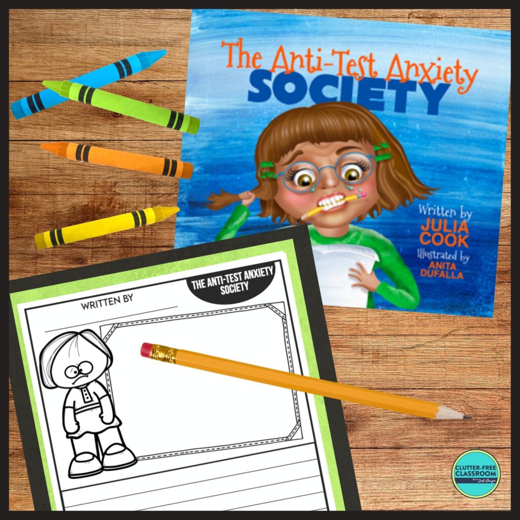 The Anti-Test Anxiety Society book cover and writing activity