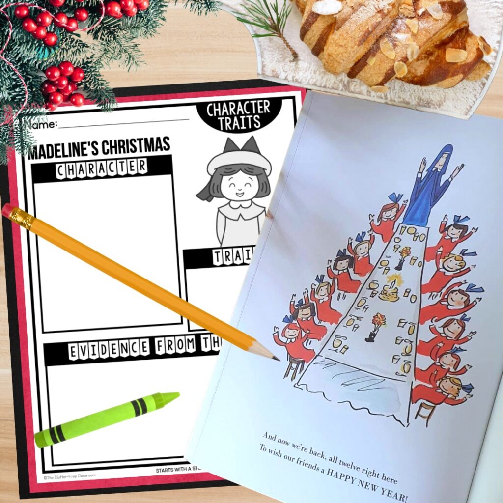 Madeline's Christmas book and character traits worksheet