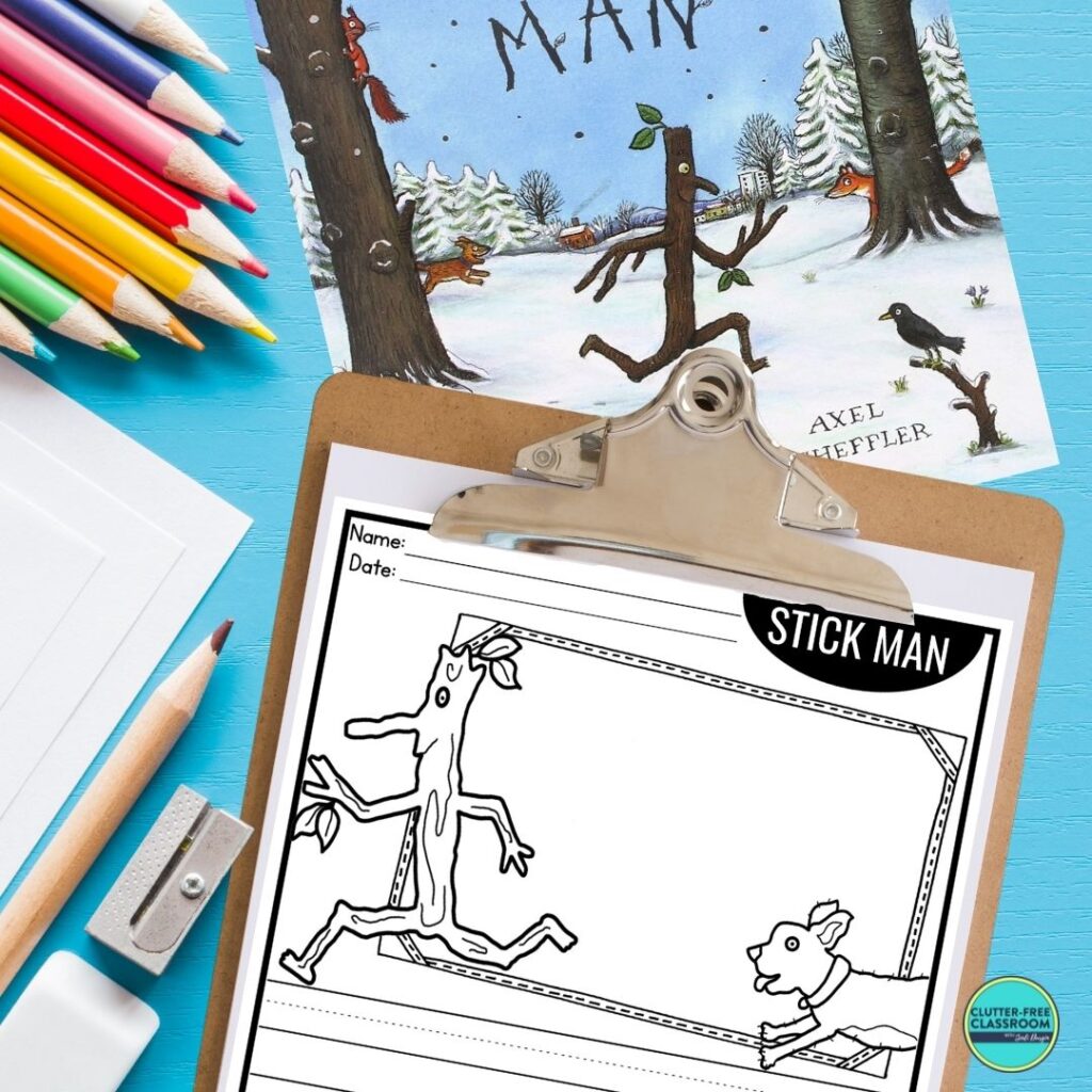 Stick Man book cover and writing paper