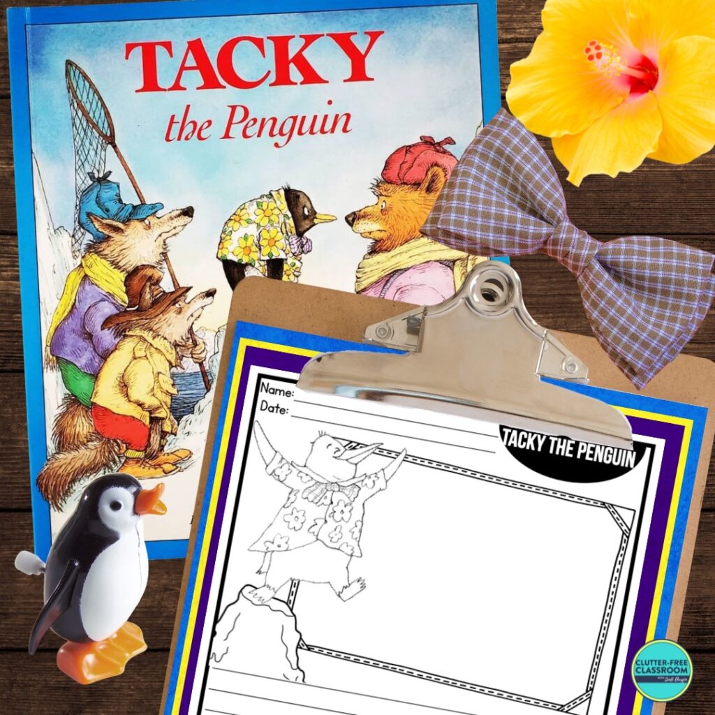Tacky the Penguin book cover and writing paper