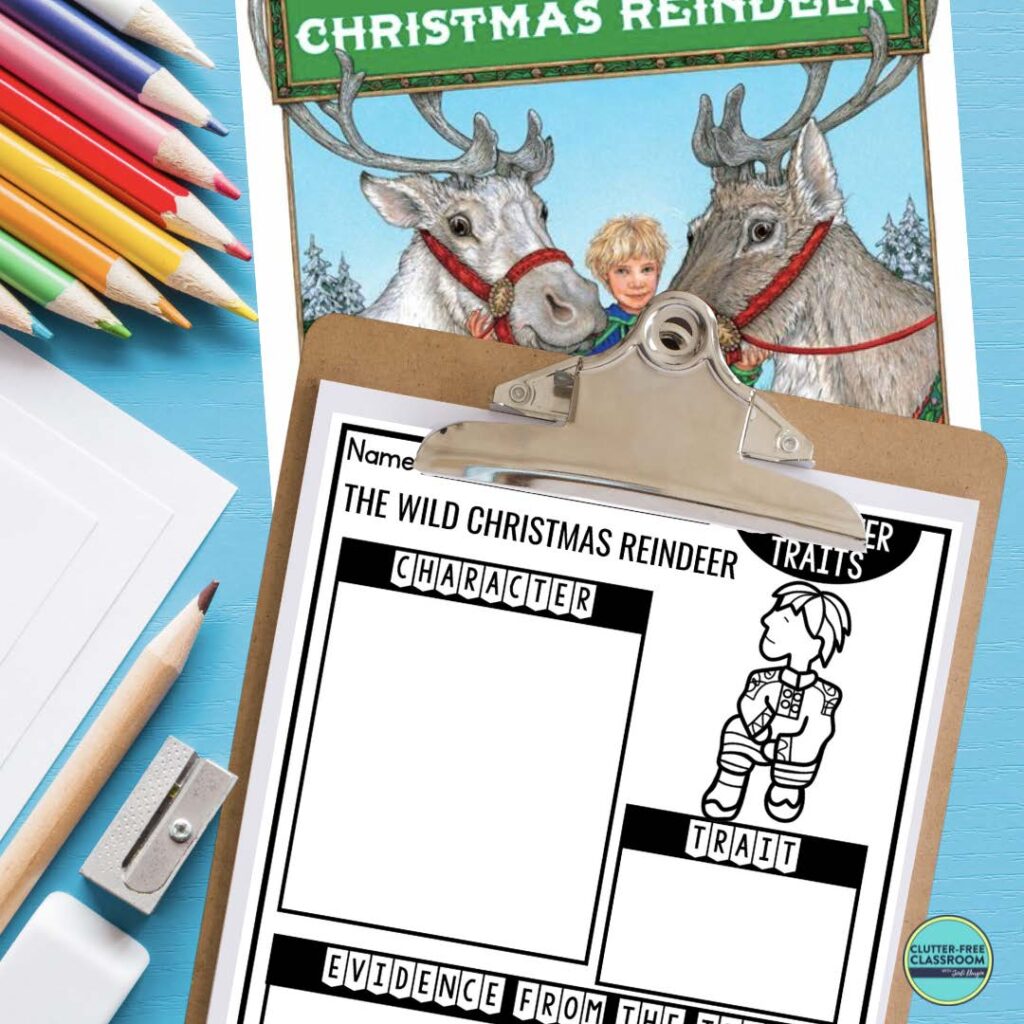 The Wild Christmas Reindeer book cover and character traits worksheet