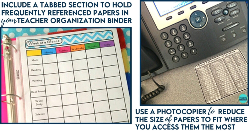 teacher organization binder and list of phone number extensions