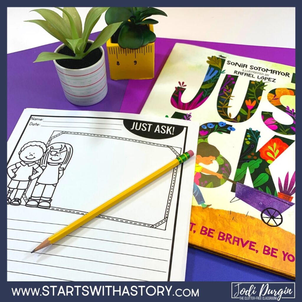 Just Ask! book cover and writing paper