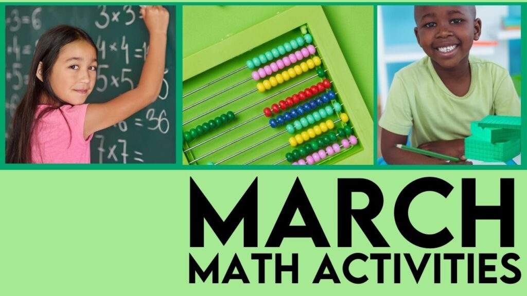 an abacus, girl writing math facts on a chalkboard, and a boy solving a math problem