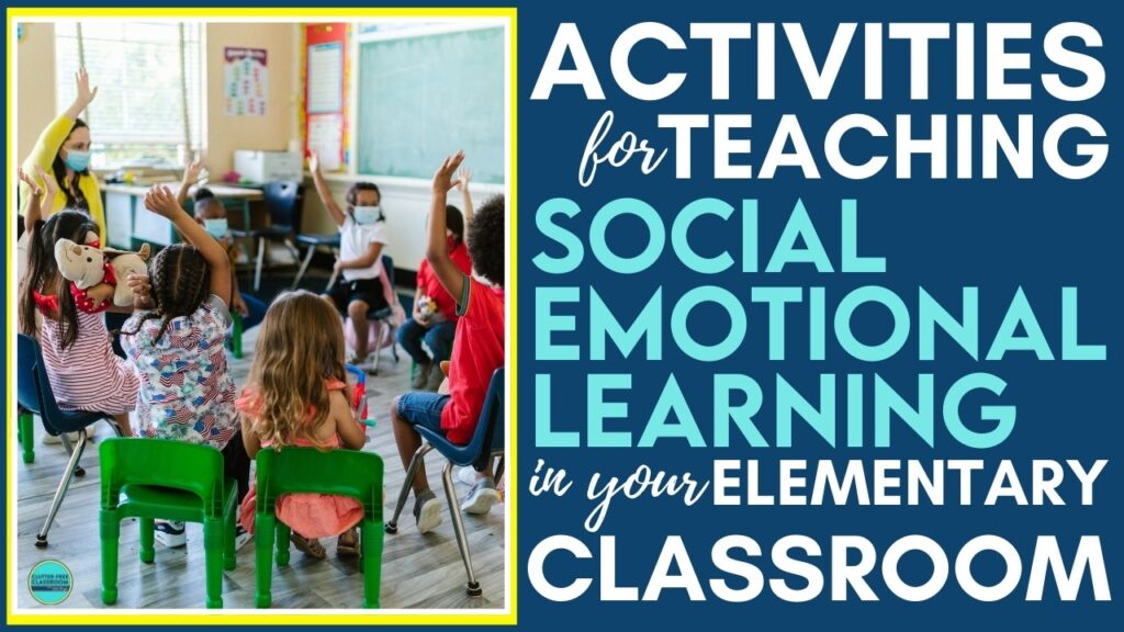 elementary students and their teacher sitting in chairs in a circle with their arms raised