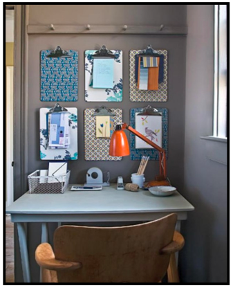 teacher desk area with clipboard wall display