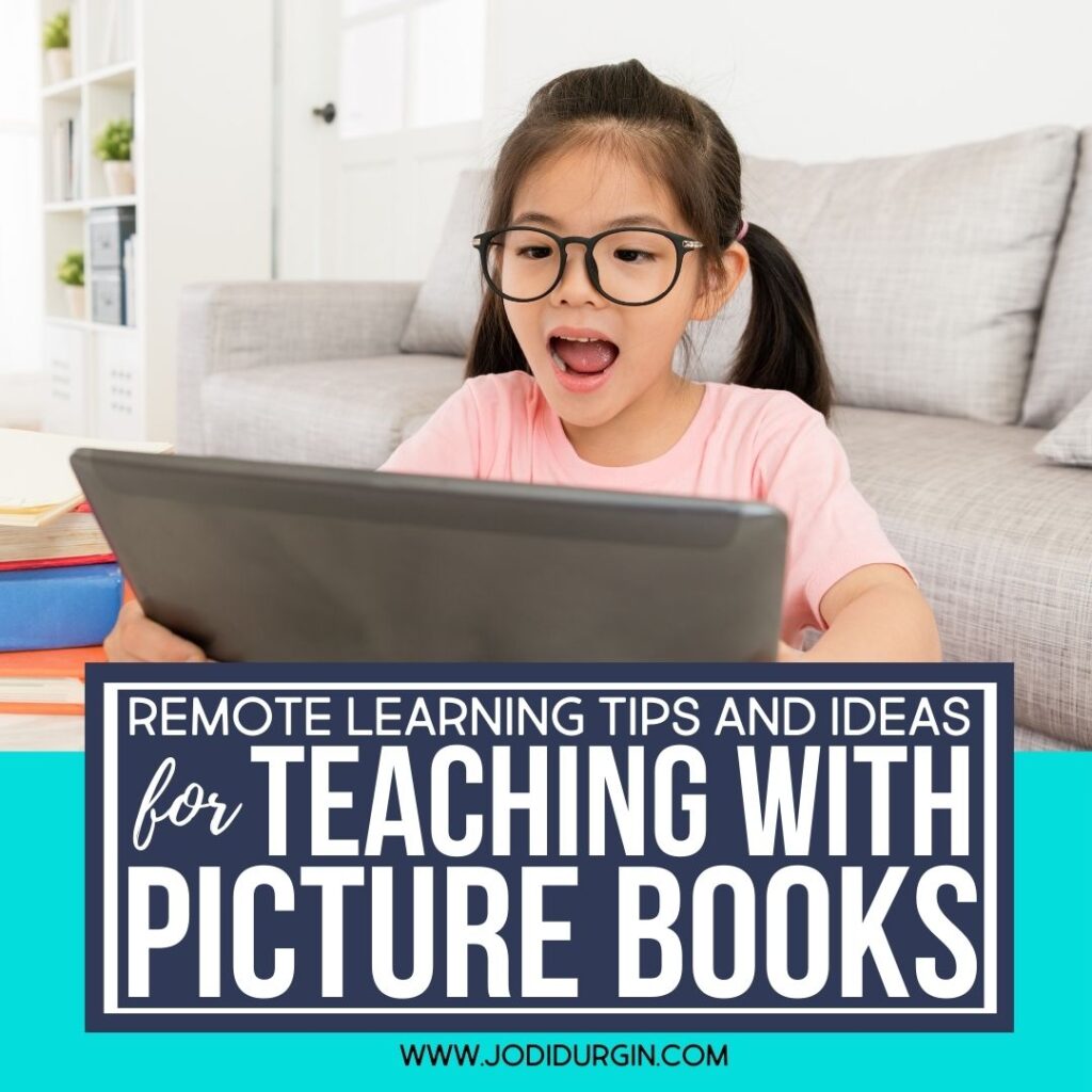 elementary-aged girl listening to a picture book being read aloud to her on her tablet