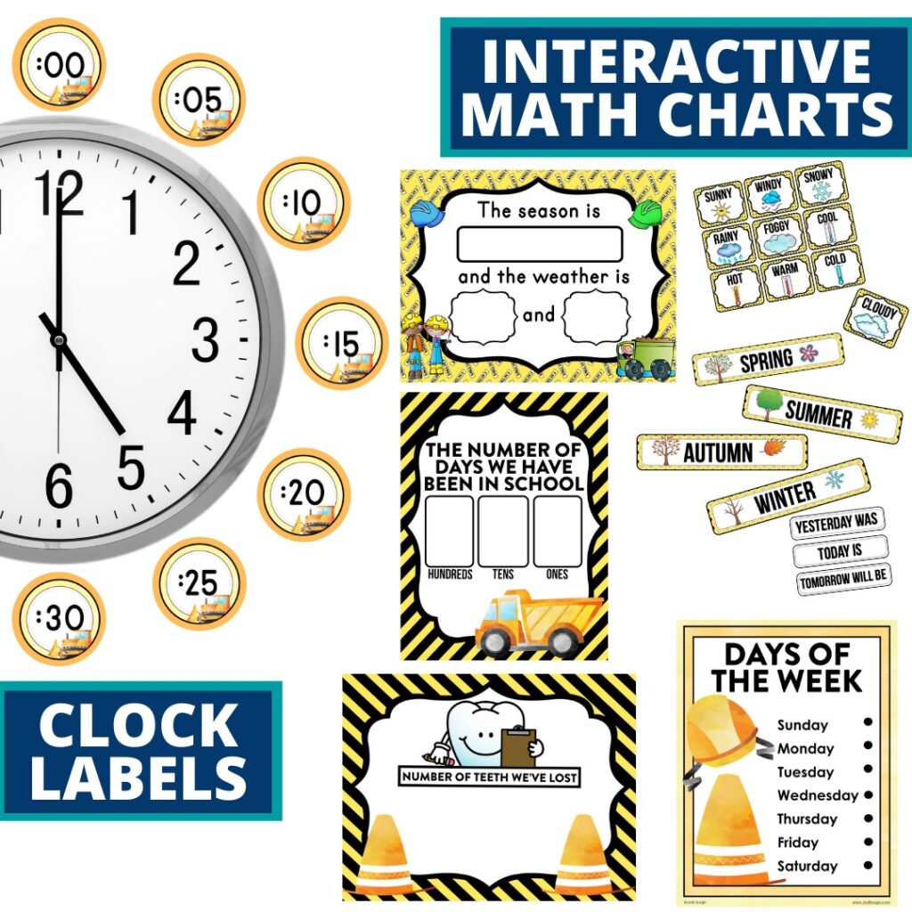 construction classroom decor theme clock labels and math charts