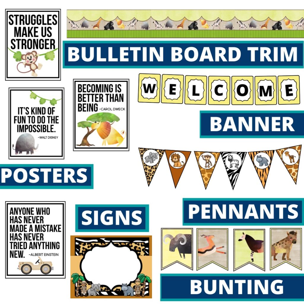jungle classroom theme posters, signs, bulletin board trim, pennants, banner and bunting