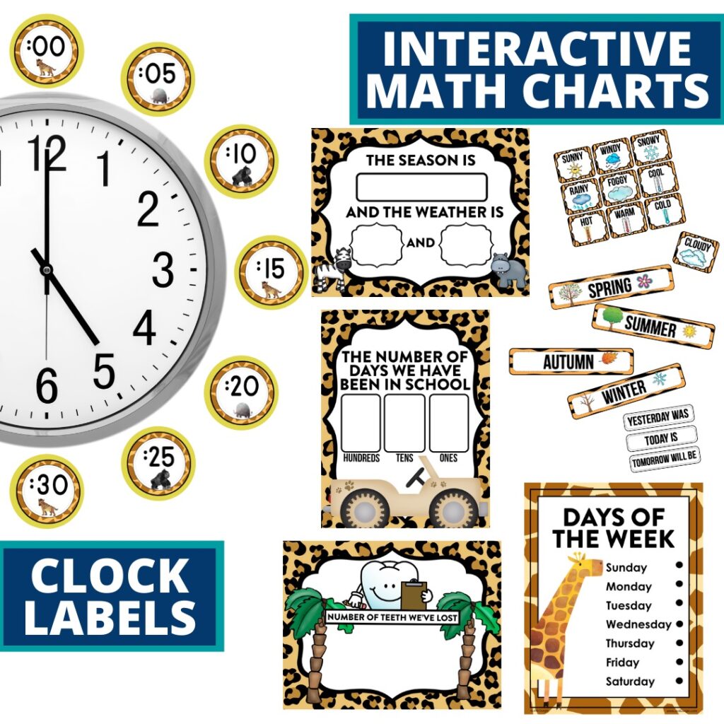 jungle classroom theme clock labels and interactive math charts
