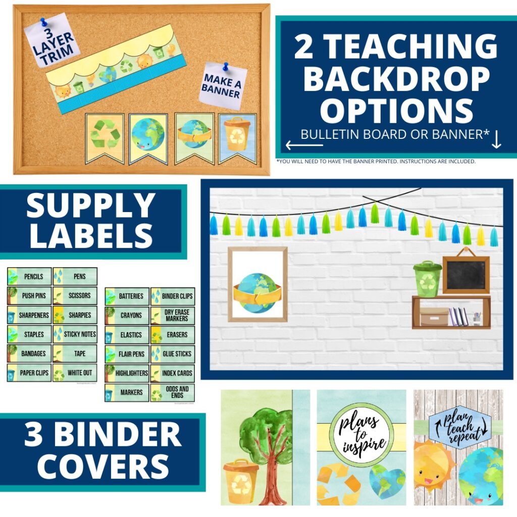 recycling classroom decor supply labels, binder covers, and teaching backdrop