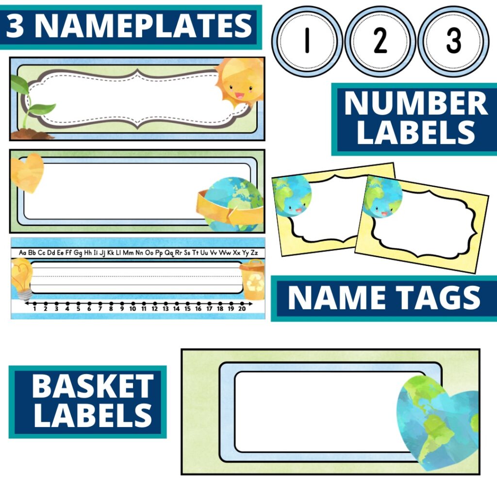recycling classroom decor name plates, name tags, basket labels, and number labels