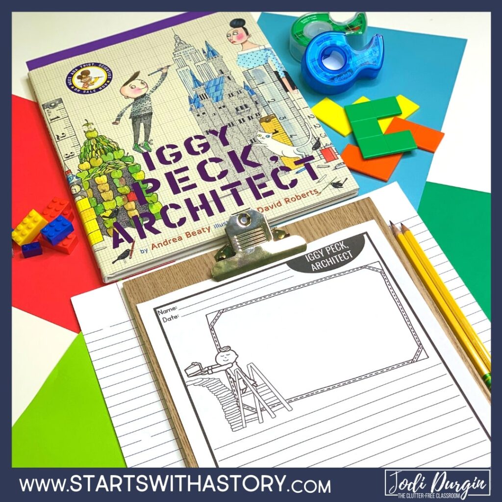 Iggy Peck Architect book cover and writing paper
